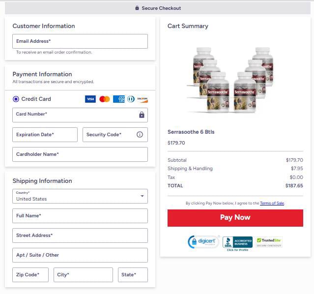 Serrasoothe checkout order page
